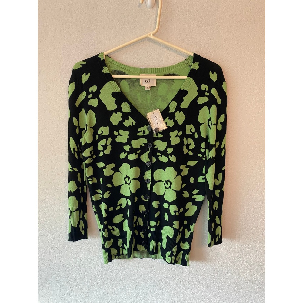 ECI New York Womens NWT Lime Green Mod Floral V Neck Button Cardigan Size M